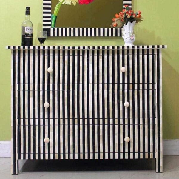 Striped chest of drawers with mirror