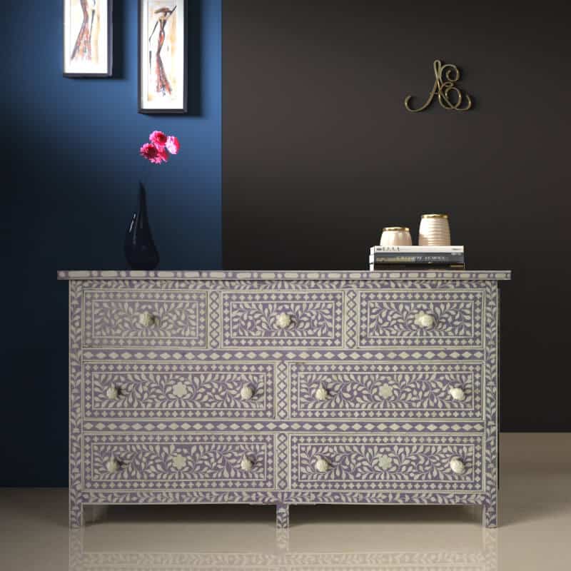 grey bone inlay dresser Bone Inlay Floral Design 3 Drawers Curved Leg Dresser Table Grey with Lakecity Handicrafts