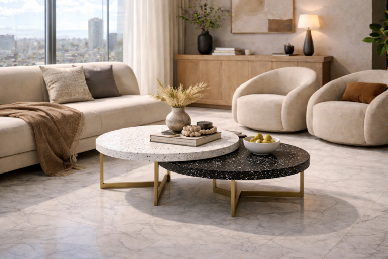 Black and white terrazzo nesting coffee tables with gold metal base in a modern luxury living room with marble flooring